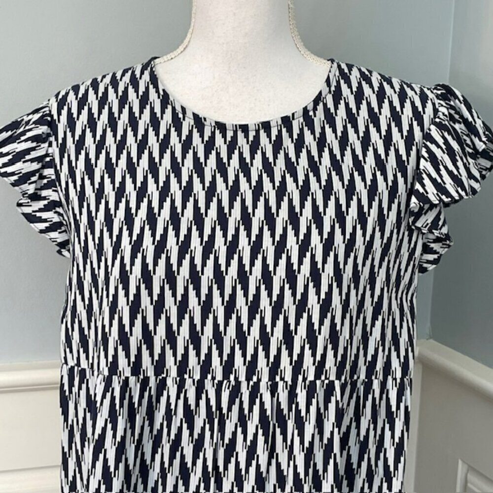 Liza Byrd Tiered Ruffled Cotton Block Print Maxi Dress Blue & White Small - Picture 2 of 7